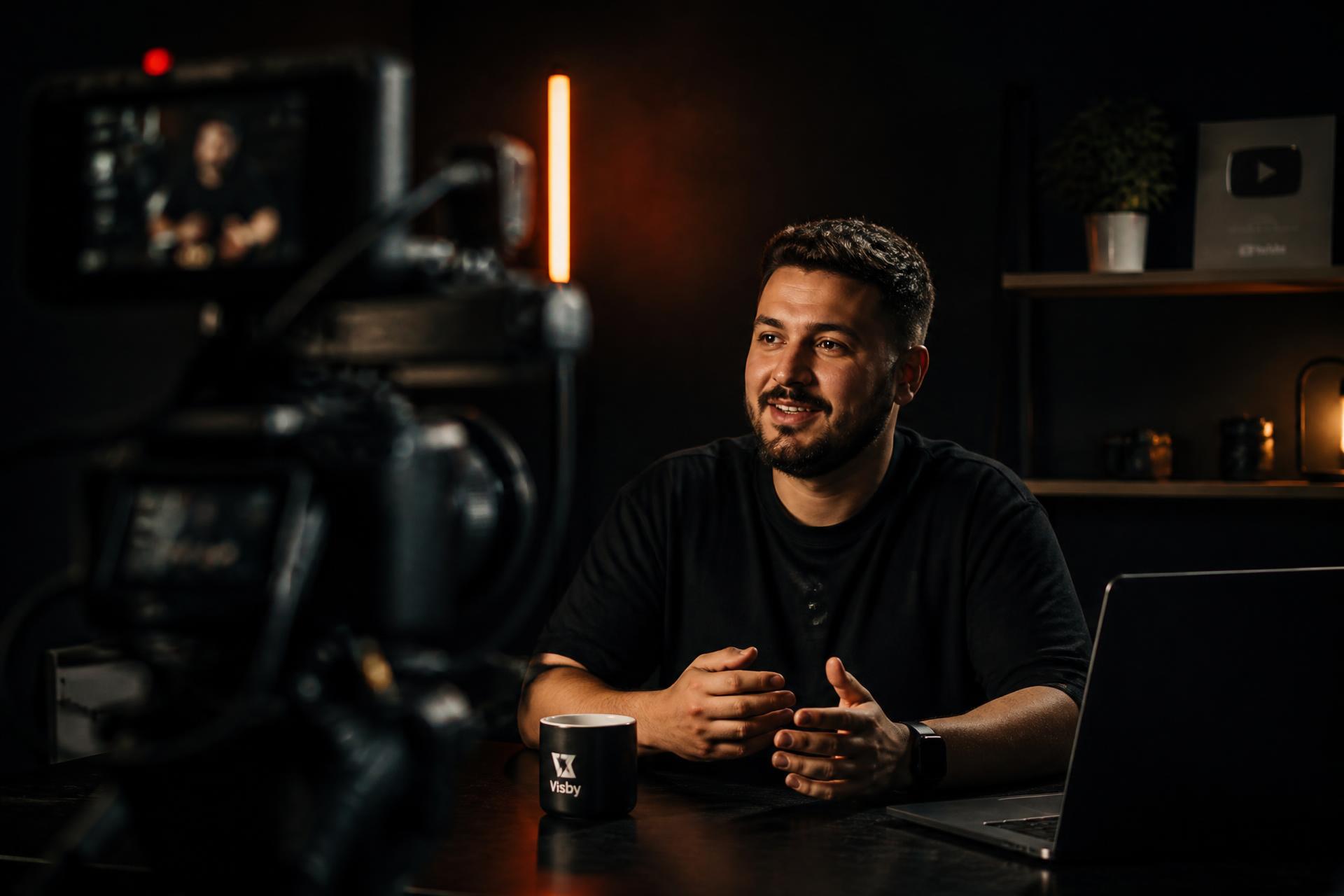 A creator being filmed in a modern studio